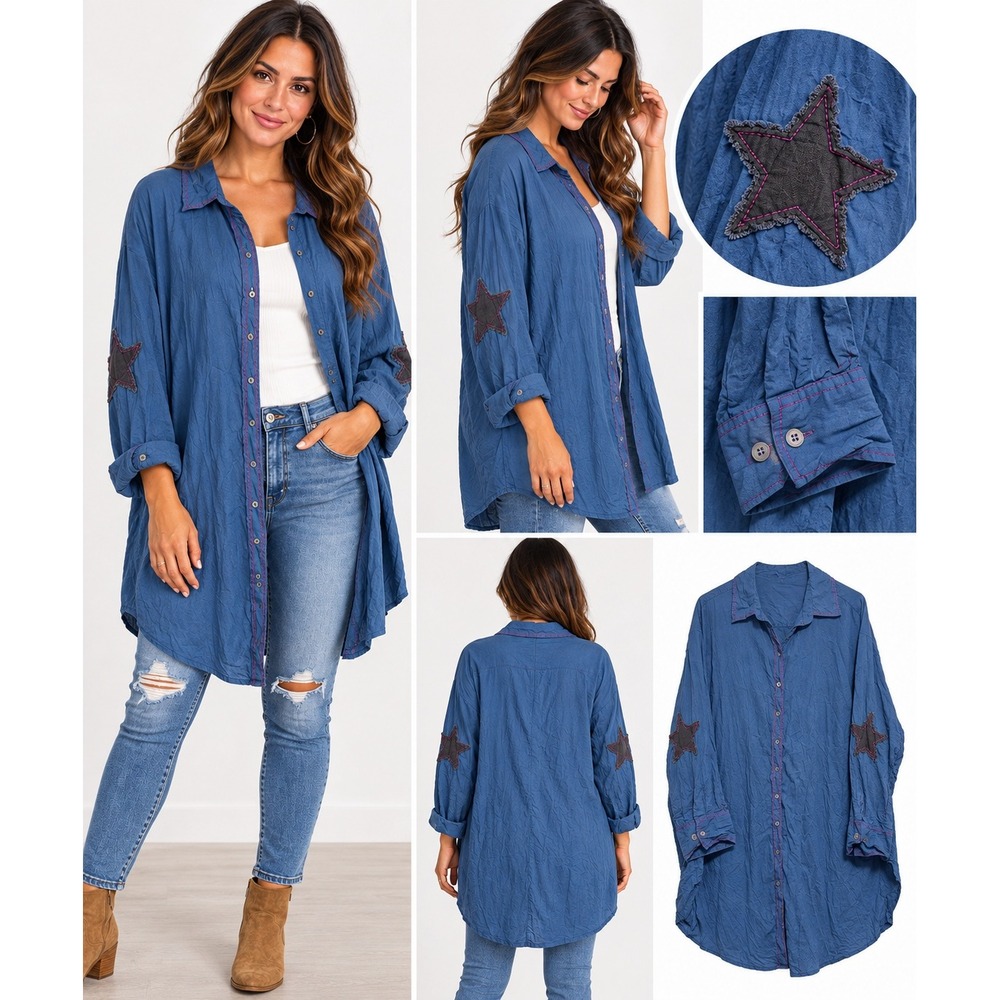 Natural Life Womens Blue Cotton Star Patch Button Down Shirt‎ Dress L/XL Boho